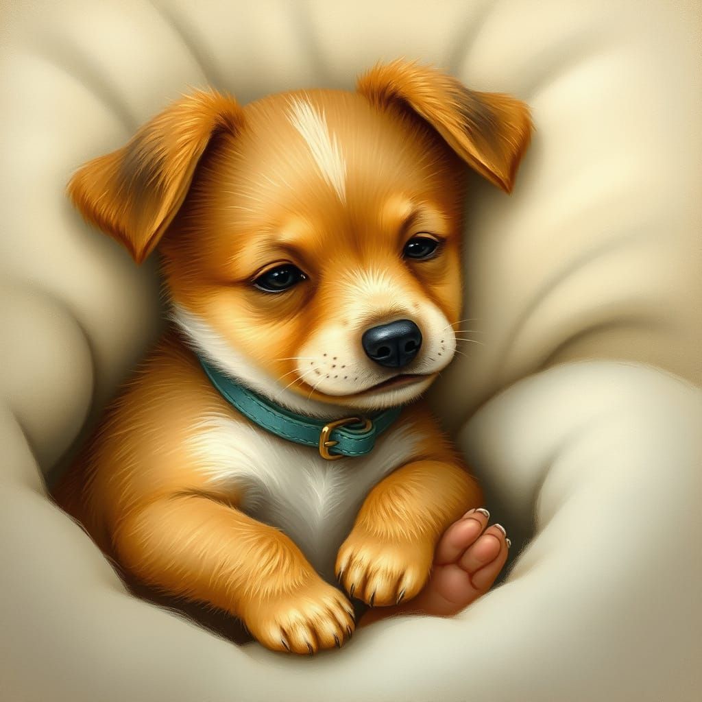 Whimsical Baby Dog in Cozy Setting
