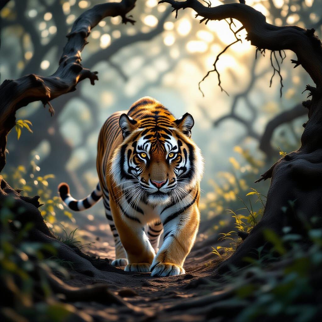 Majestic Tiger in Ethereal Forest, Photorealistic Style