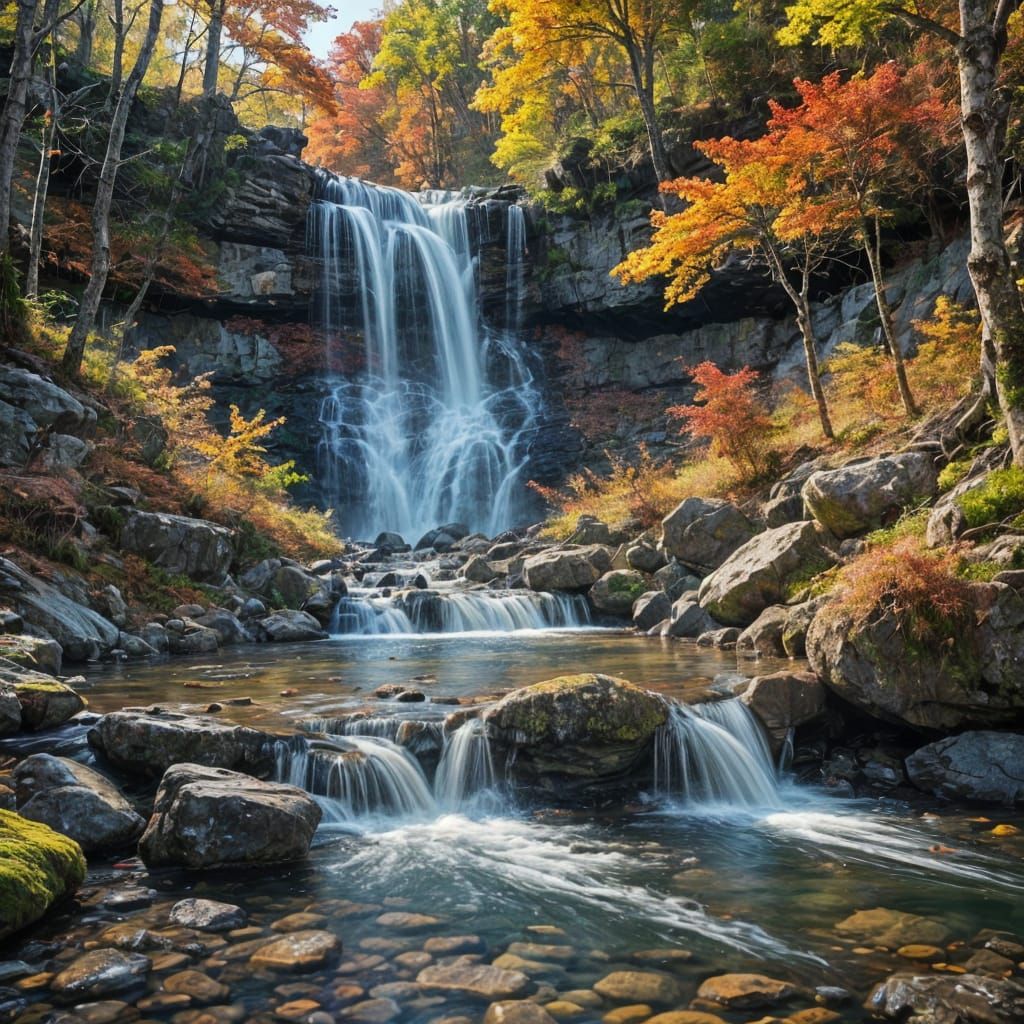 Vibrant Waterfall Amidst Fiery Autumn Forest