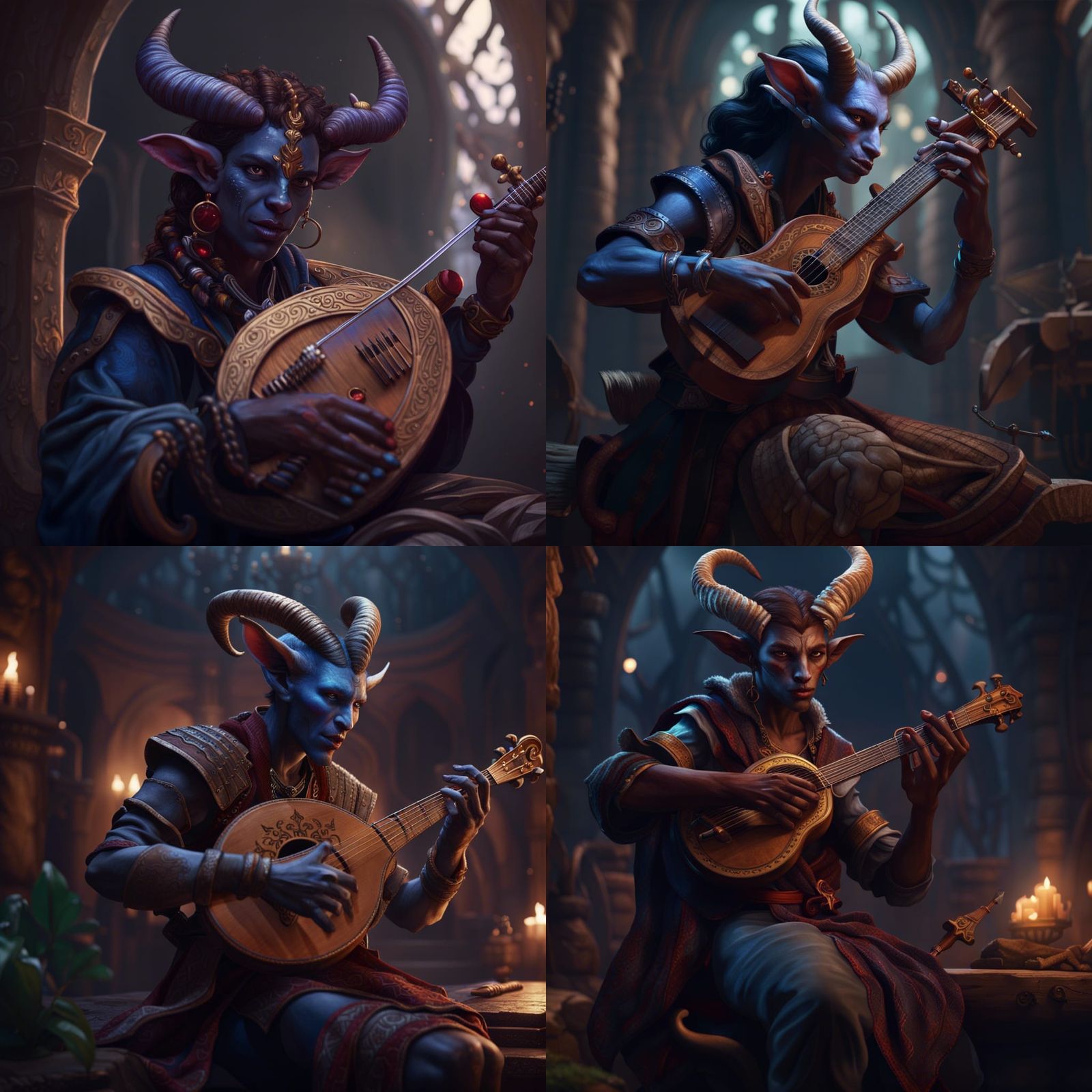Tiefling Bard Playing Lyre: Fantasy Concept Art