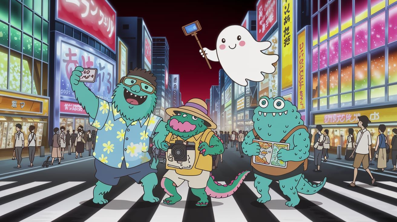 Friendly Tourist Monsters Explore Vibrant Shibuya Crossing