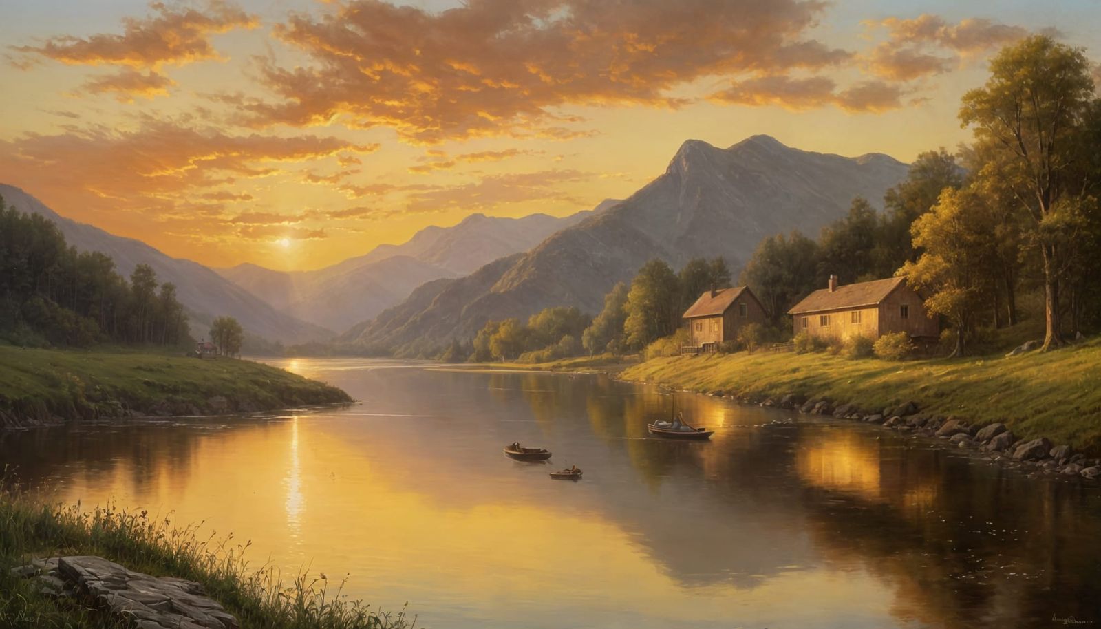 Sunset Over Mountain Lake in Oil Painting Style