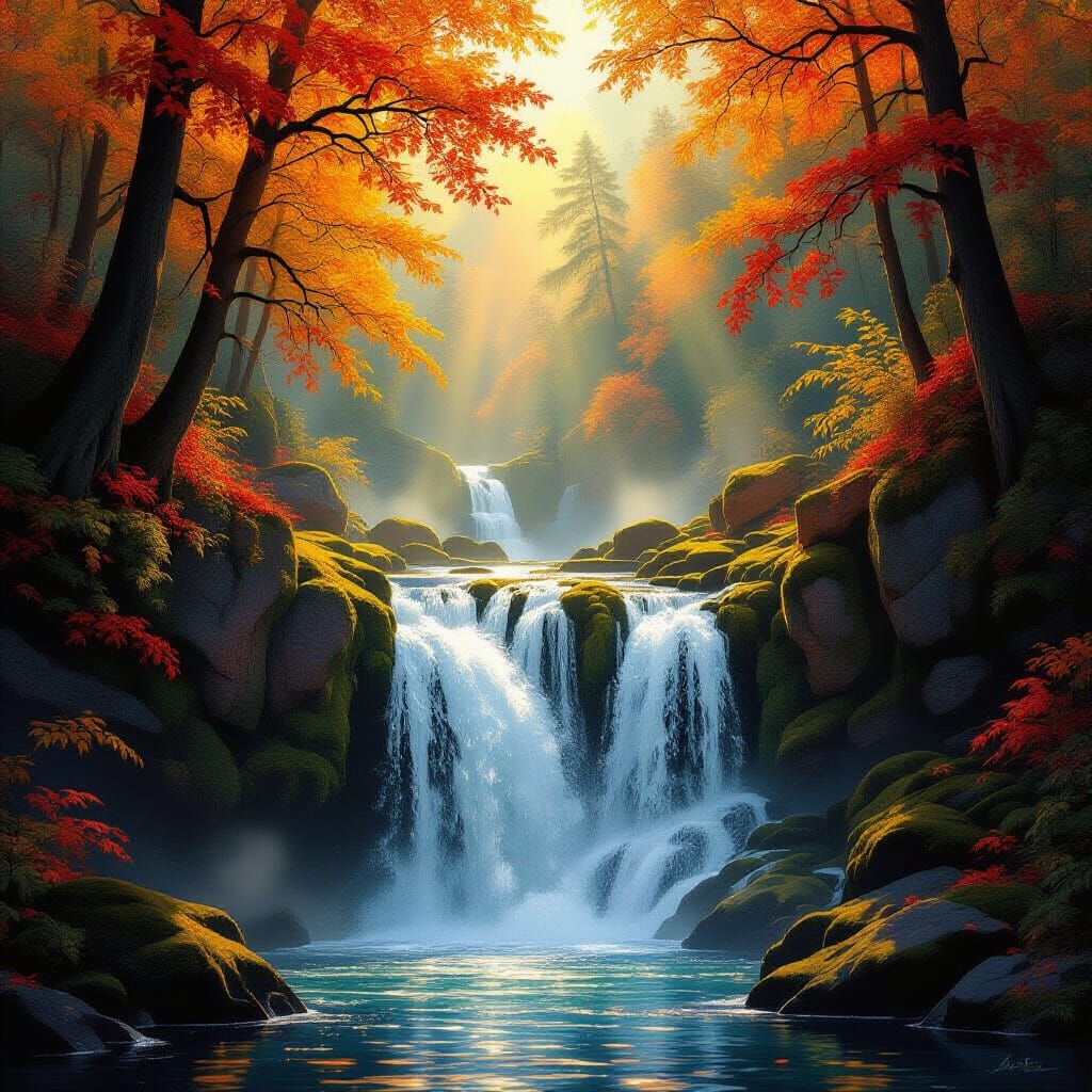 Golden Autumn Waterfall Amidst Dense Forest Landscape