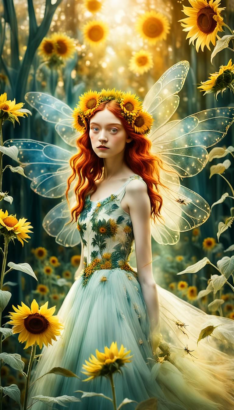 Winged Fairy in Enchanted Sunflower Forest: Surreal Dreamsca...