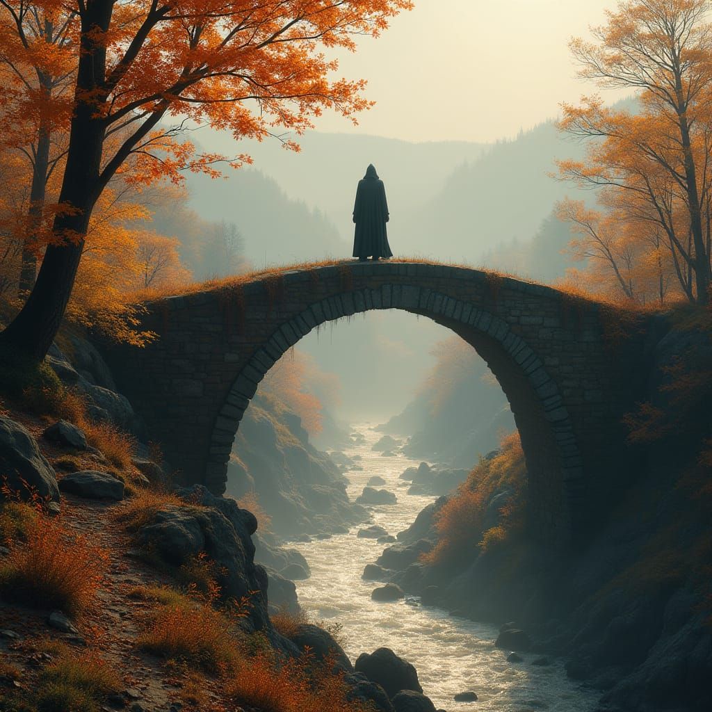 Ethereal Figure Surveys Autumn Valley in Whispers of Wonder