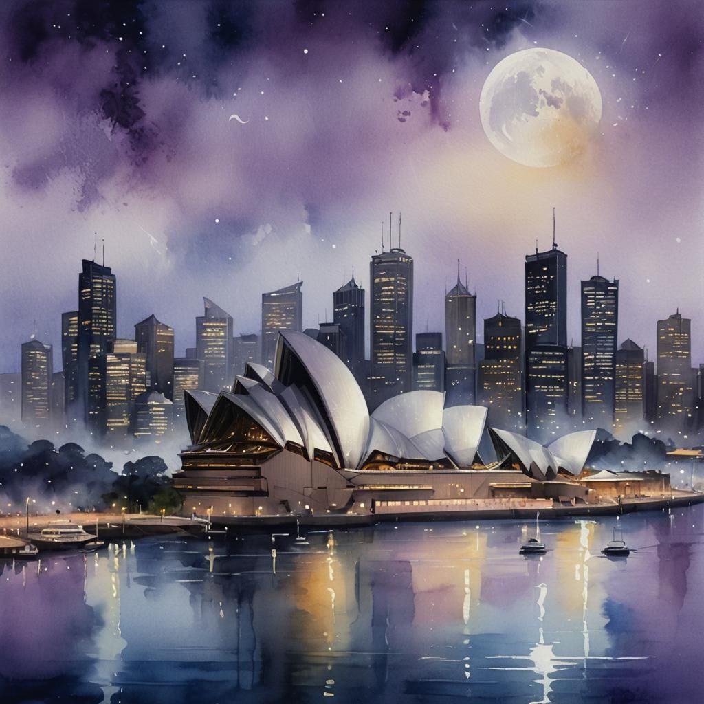 Moonlit Sydney Skyline in Watercolor Style