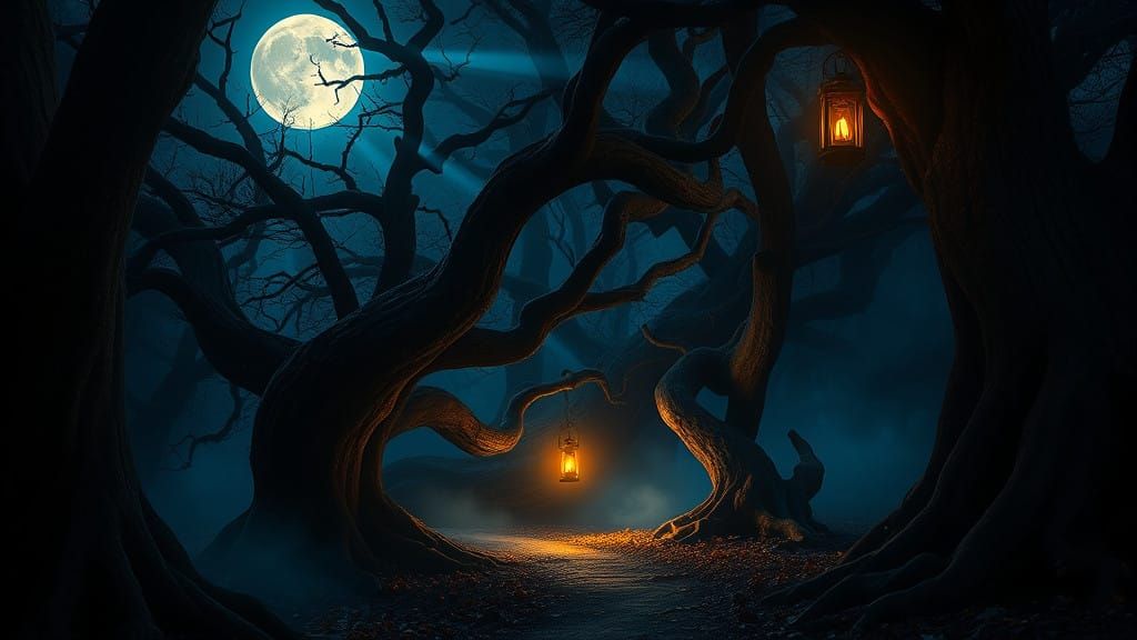Enchanted Forest Under Full Moon with Glowing Lantern