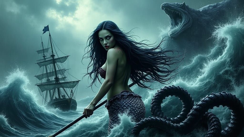Sinister Mermaid Battles Sea Monster in Stormy Seas