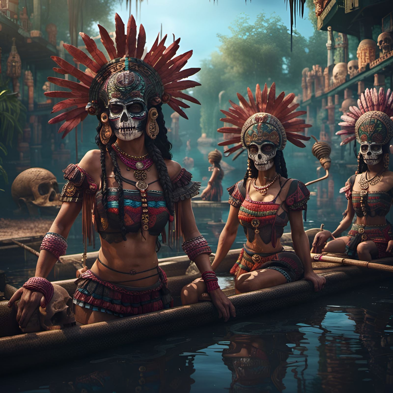 Aztec Sirens from the Canals of Xochimilco with Human Skulls floating in the Water