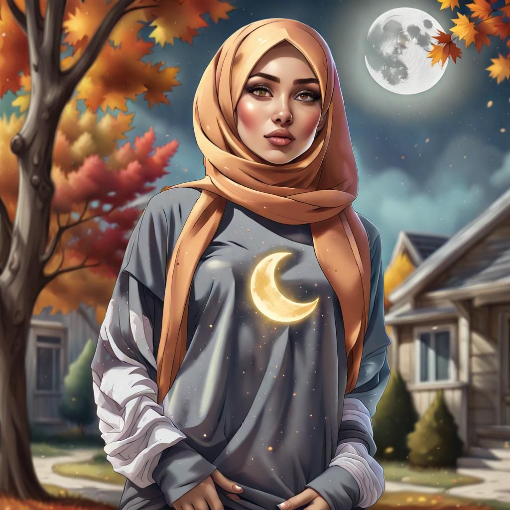 Beautiful Hijabi Woman Portrait in Autumn Yard