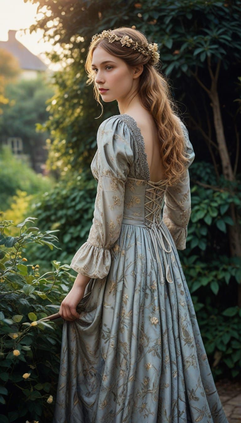 Ethereal 18th Century Garden Scene in Dreamy Watercolor Styl...