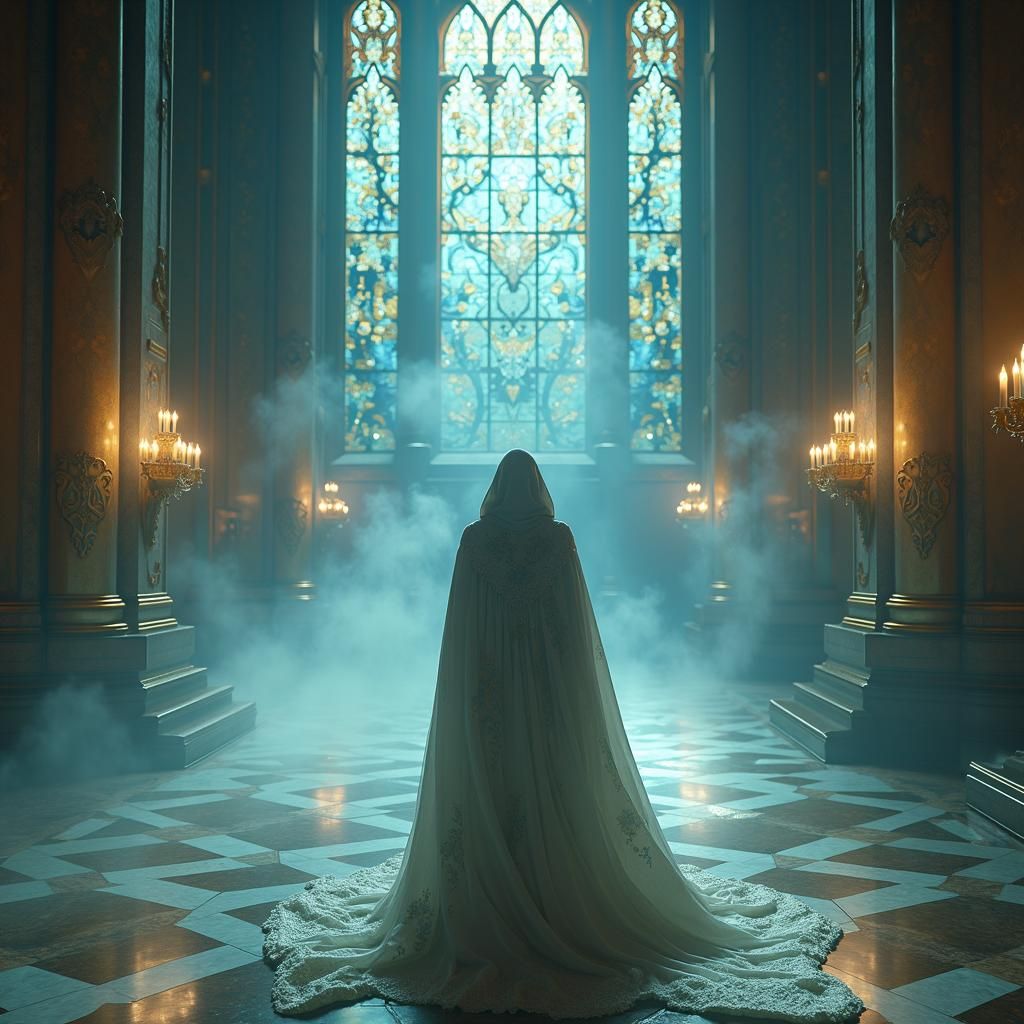 Ethereal Figure in Cathedral of Mirrors, Surreal Digital Art