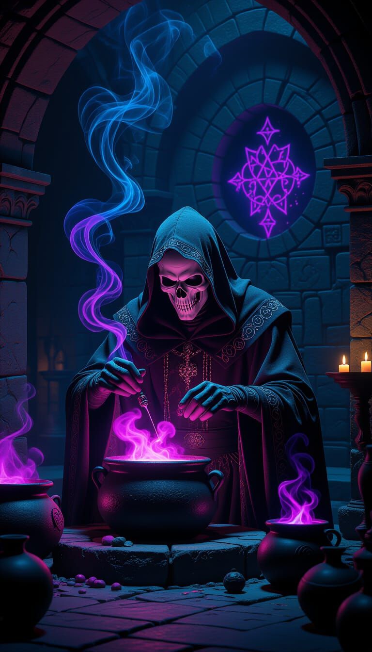 Gothic Alchemist Crafting Potions in Dimly Lit Chamber