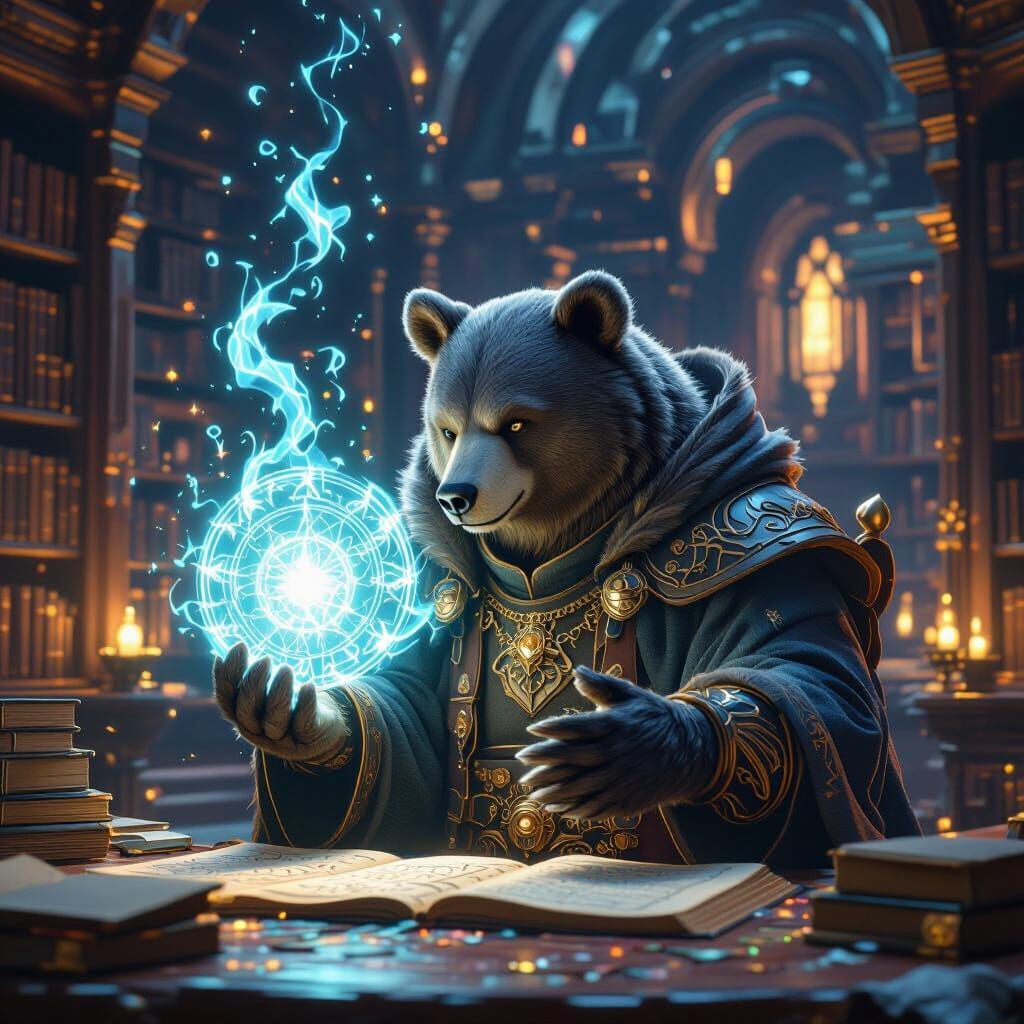 Majestic Bear Wizard Casting Spell in Anime Style