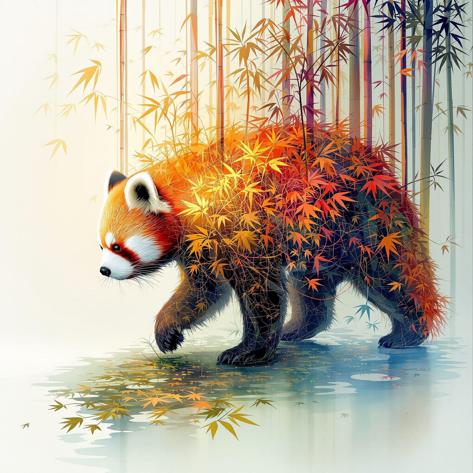 Surreal Red Panda Silhouette Filled With Fractal Bamboo Stre...