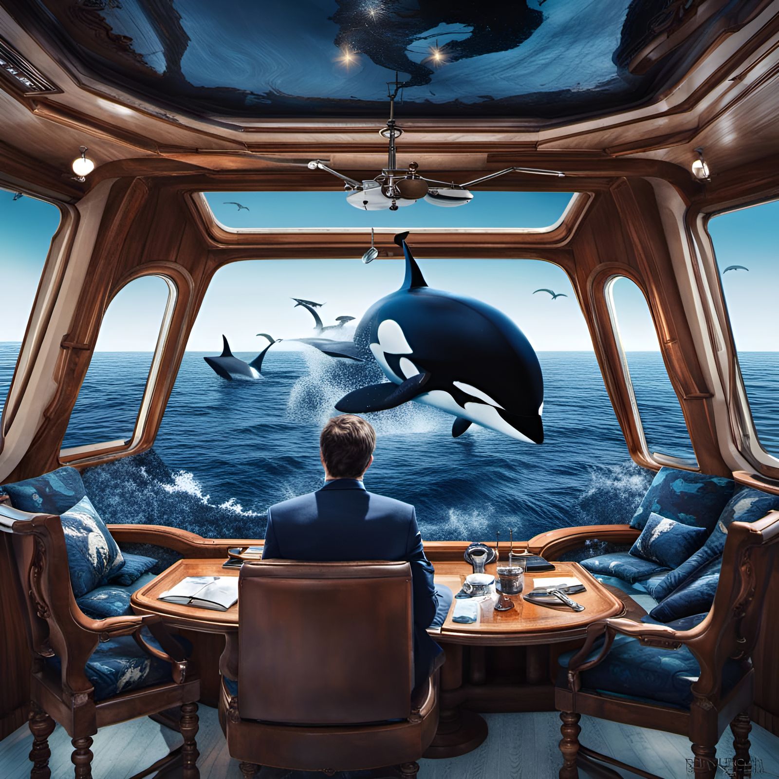 The Blue Ocean filled with orcas, dolphins, tunas, a solitary yacht and a bespectacled man sitting on the yacht