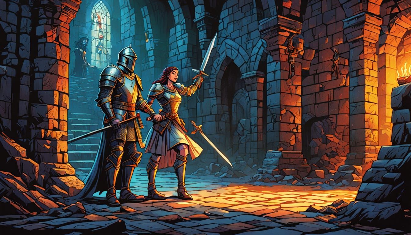 Knight Rescuing Princess in Dungeon, Comic Book Art