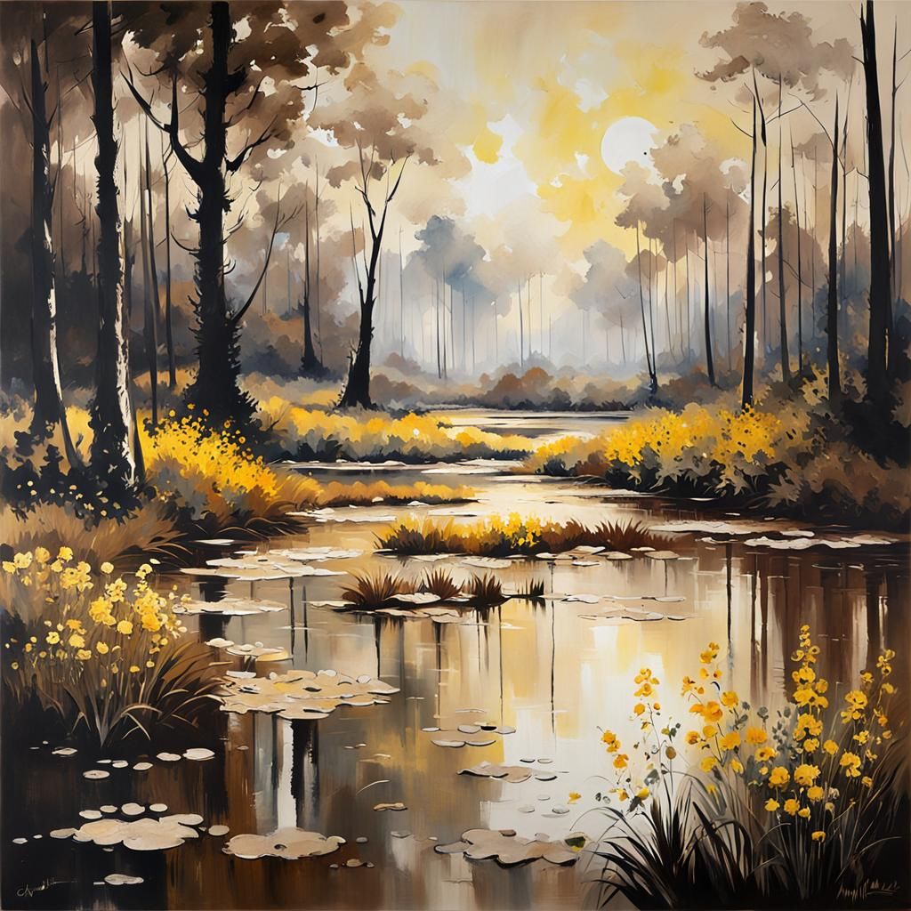 Sunlit Swamp: Modern Acrylic Art with Occult Elements