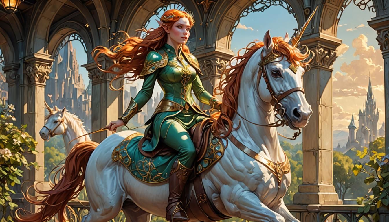 Elf Girl on Unicorn in Art Nouveau Style