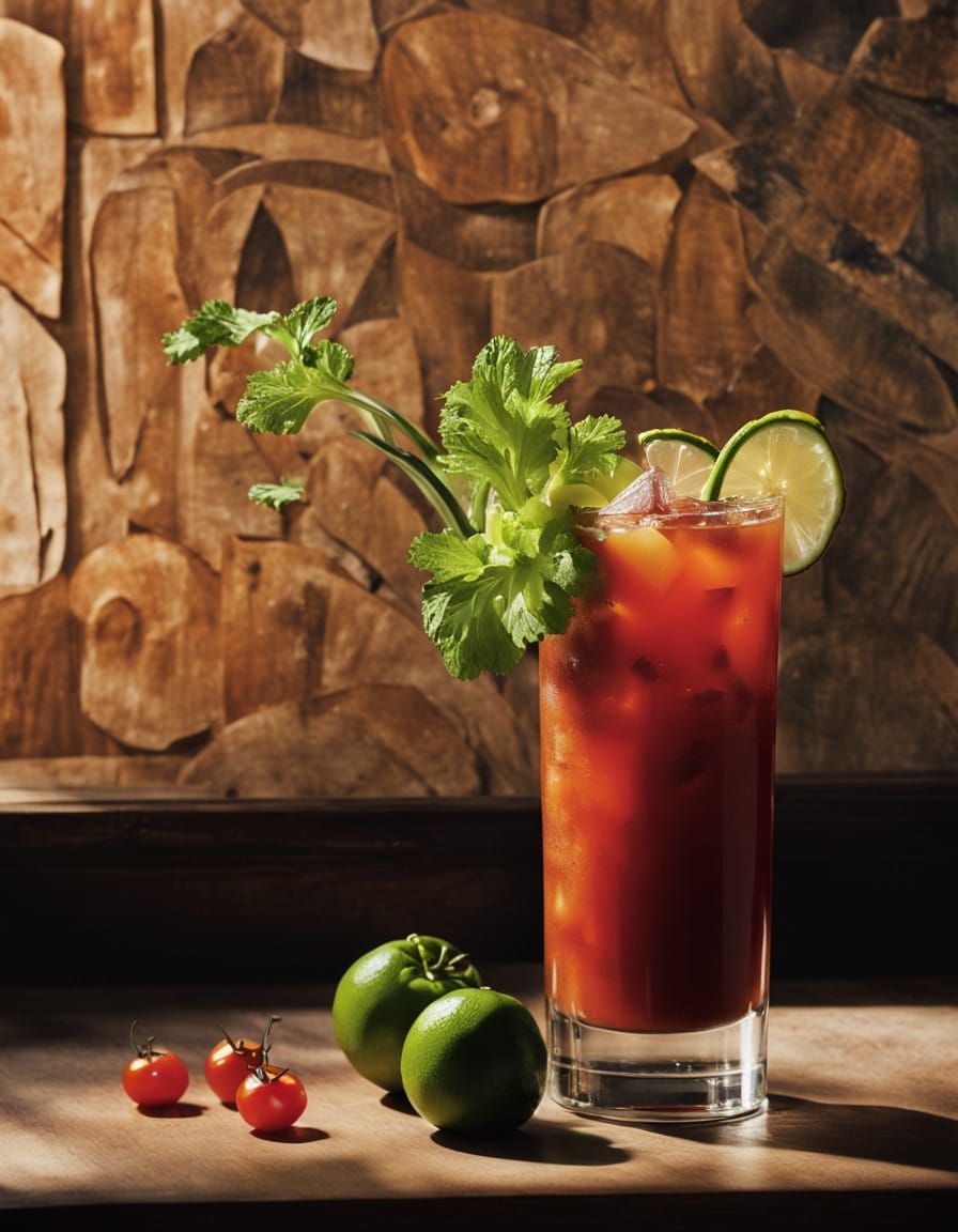A Photorealistic Bloody Mary Cocktail in Warm, Sunlit Settin...