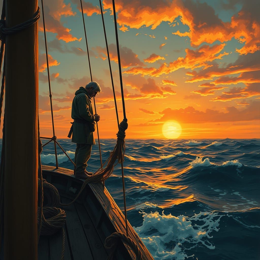 Sailor Mending Nets on Ship at Sunset