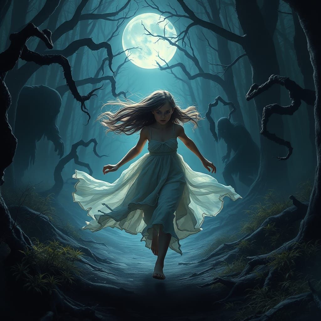 Girl Running from Shadows in Mystical Forest