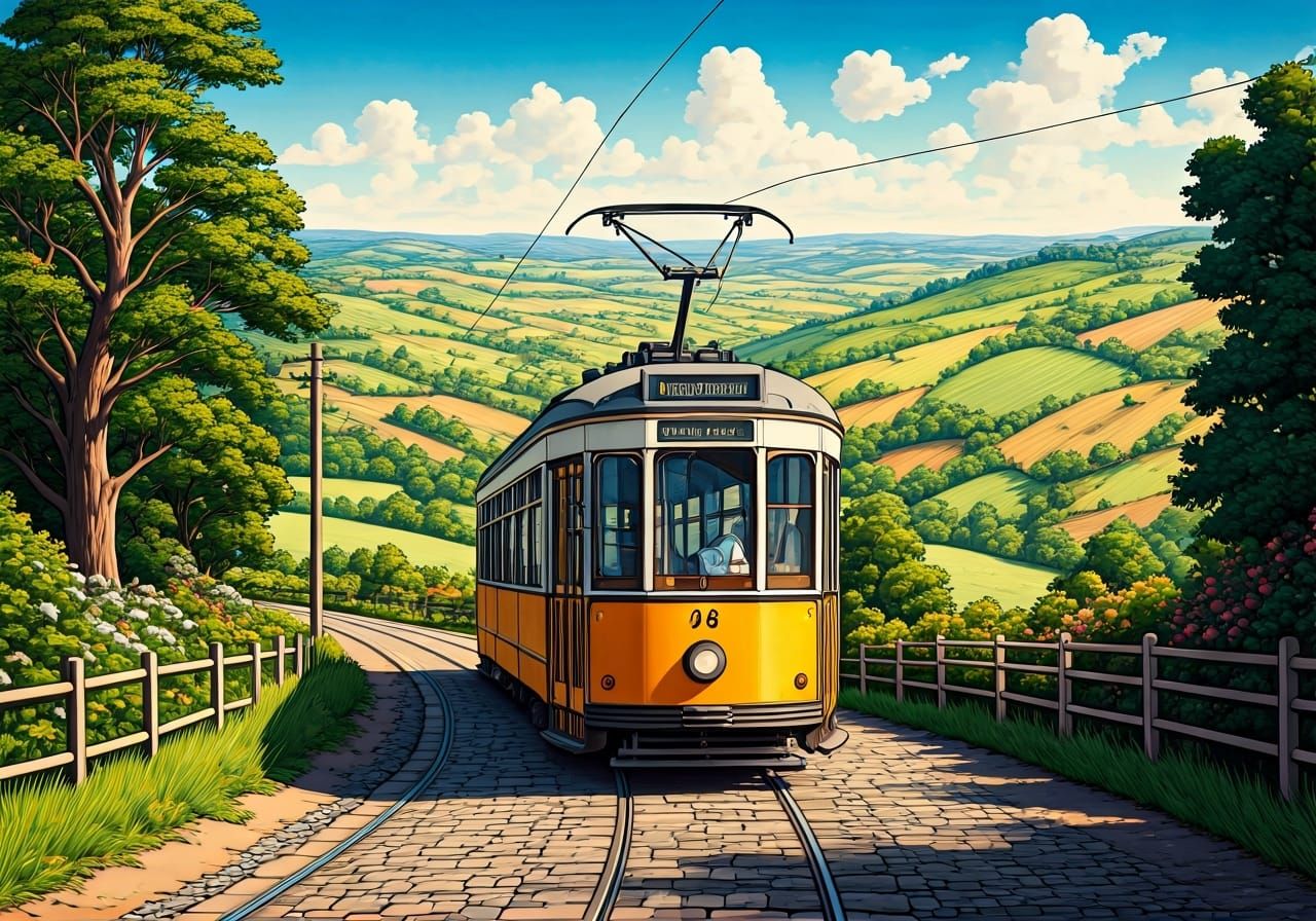 Tram Through Countryside in Watercolor Illustration