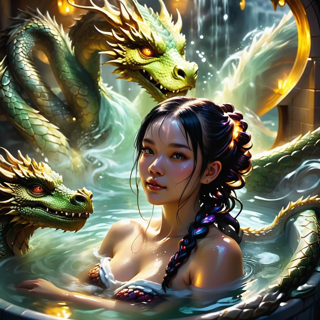 Woman in Dragon Bath: Digital Fantasy Artwork