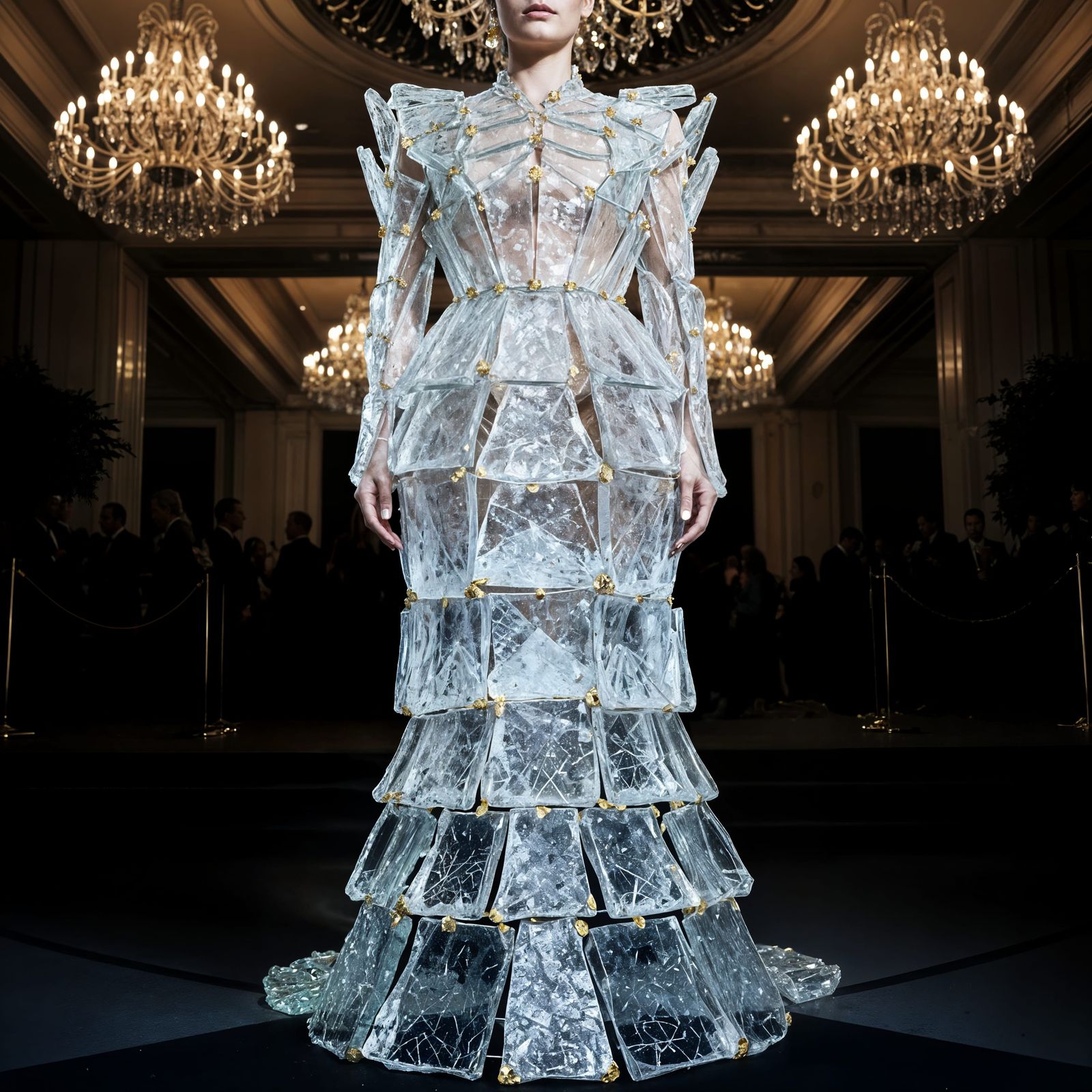 Elegant Broken Glass Gown Shimmers with Gold Accents