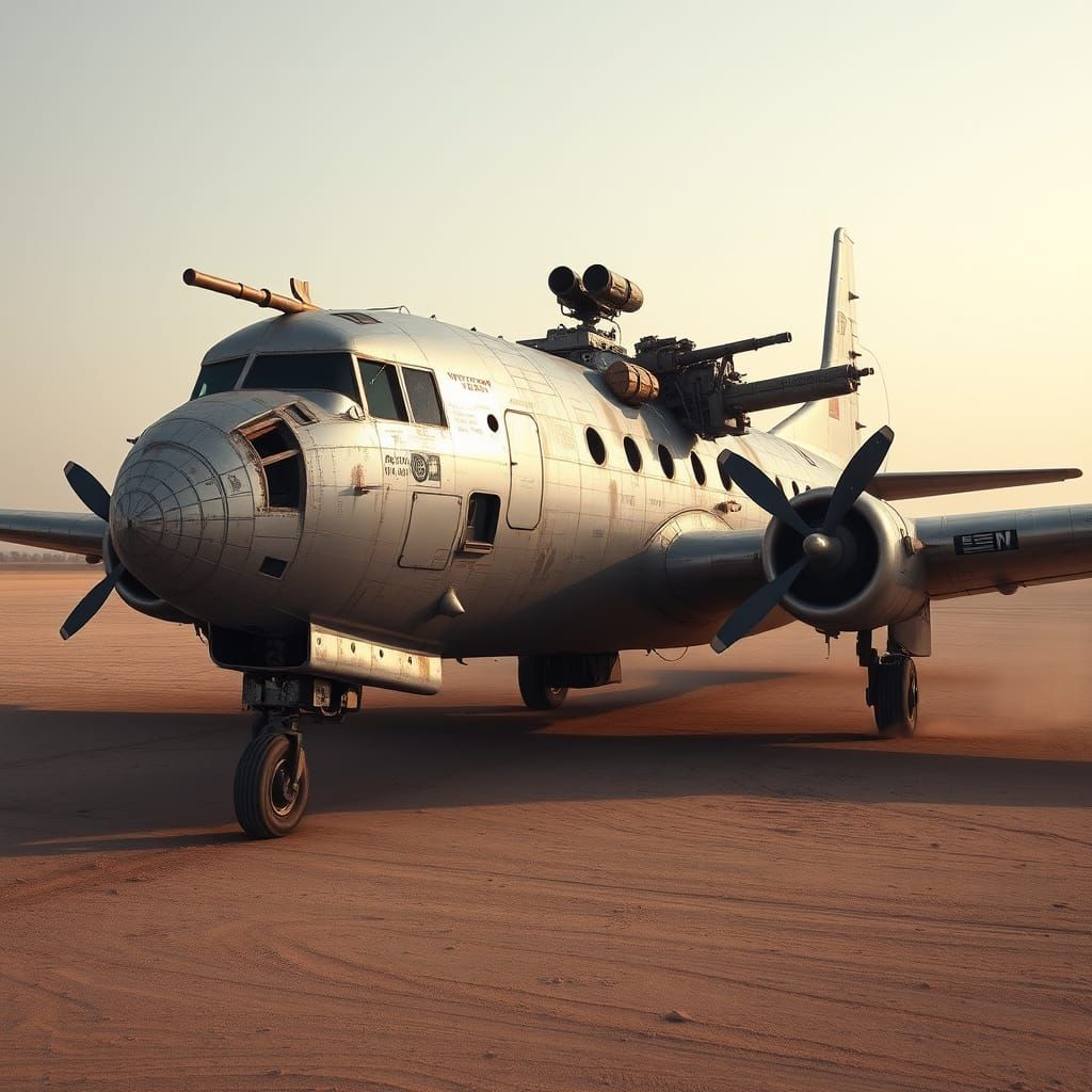 Weathered DC-3 Gunship in Desert Airstrip
