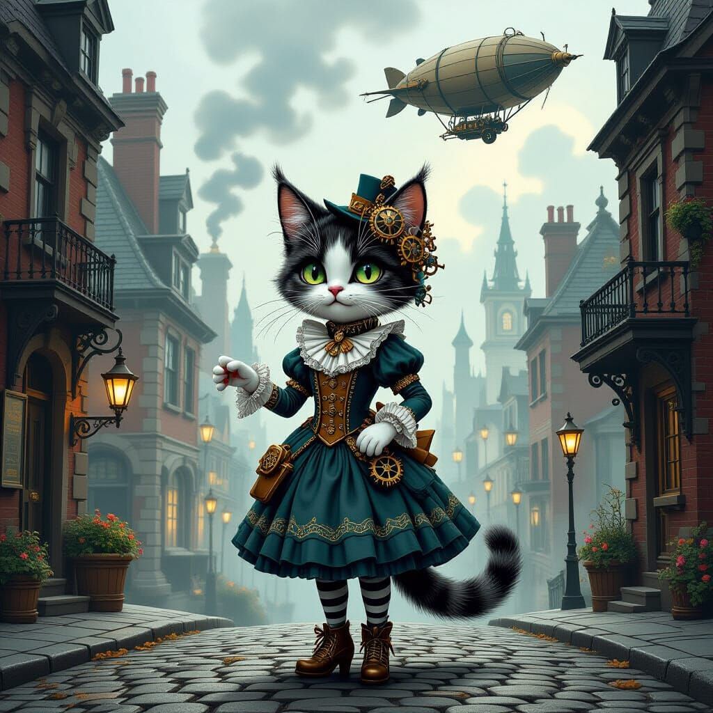 Steampunk Cat Lady in Victorian City