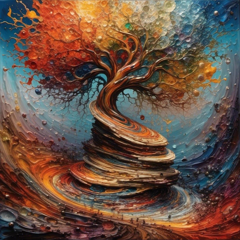 Colorful Swirl Tree of Stacked Stones in Oil Painting Style