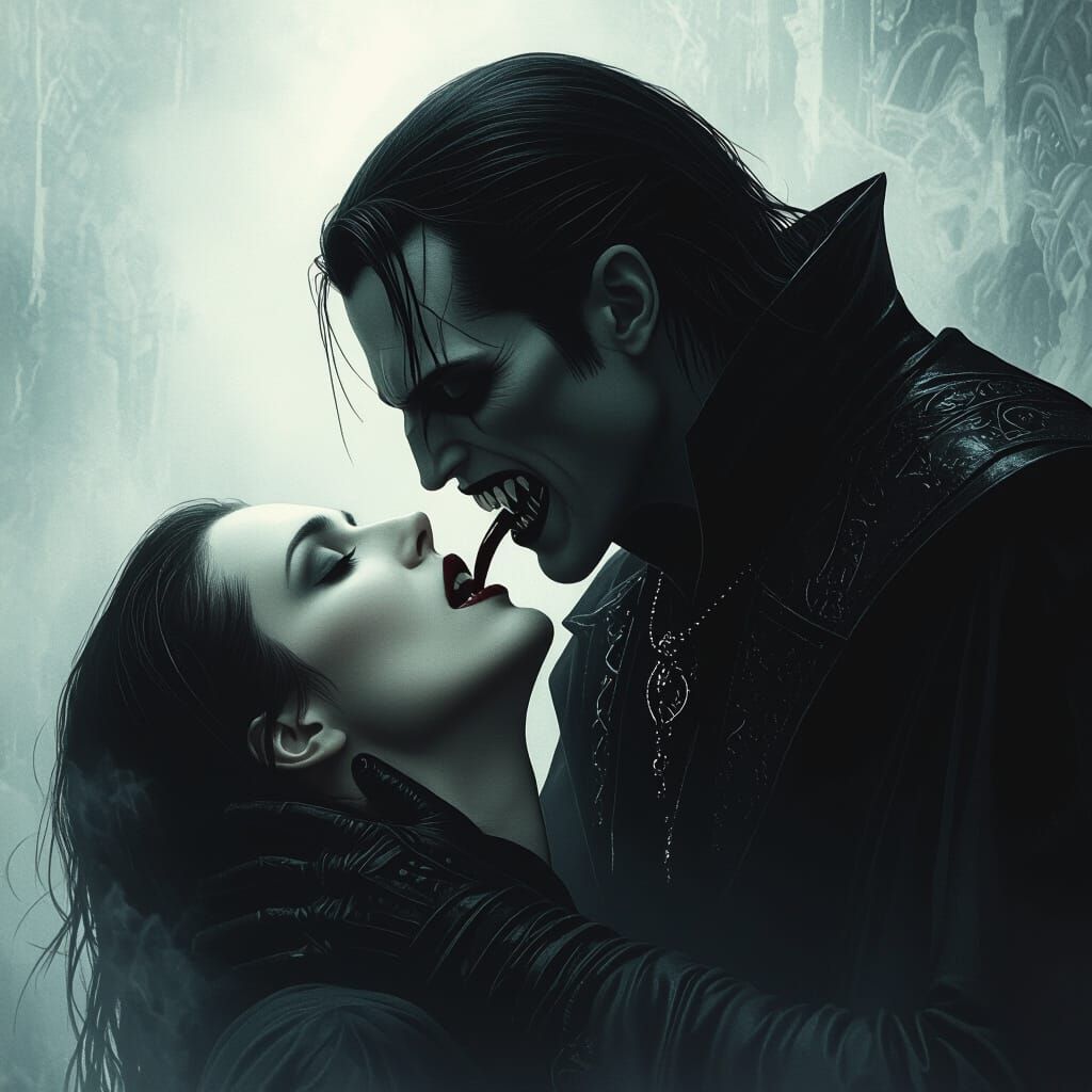 Gothic Vampire Bite in Misty Environment