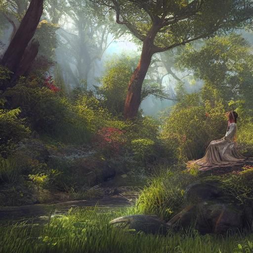 Benevolent Woman Offers Solace in Mystical Forest