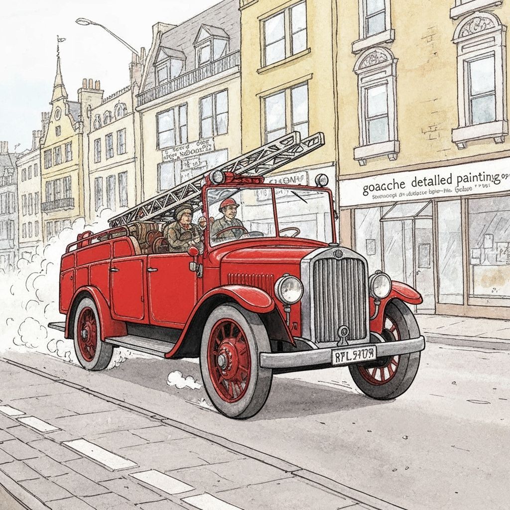 Vintage Fire Engine Races Through London, Gouache Painting