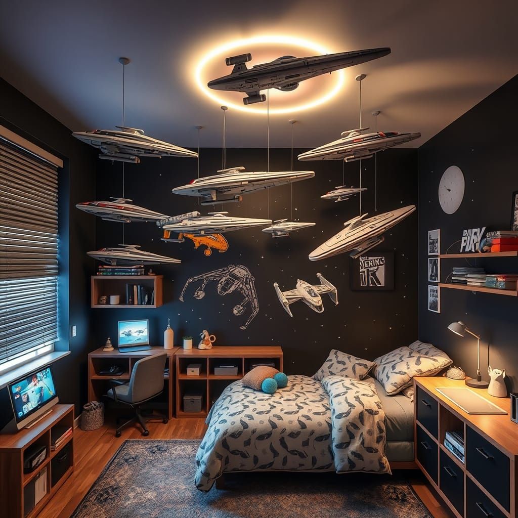 Nerdy Kid's Room with Starship Models