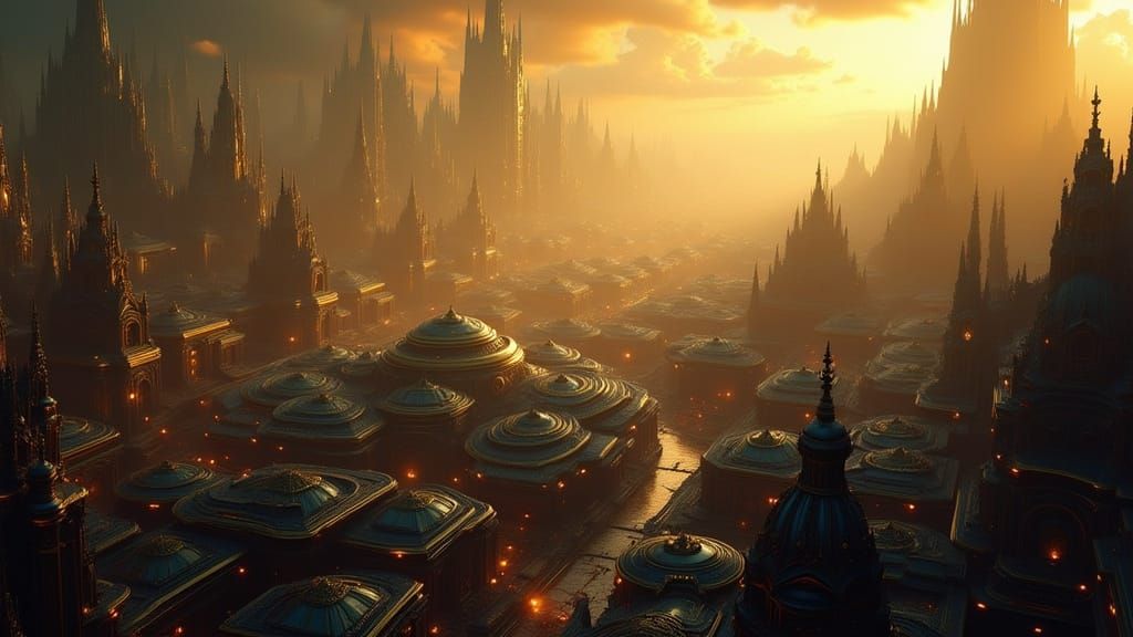 Cityscape Between Light and Shadow in Fantasy Style