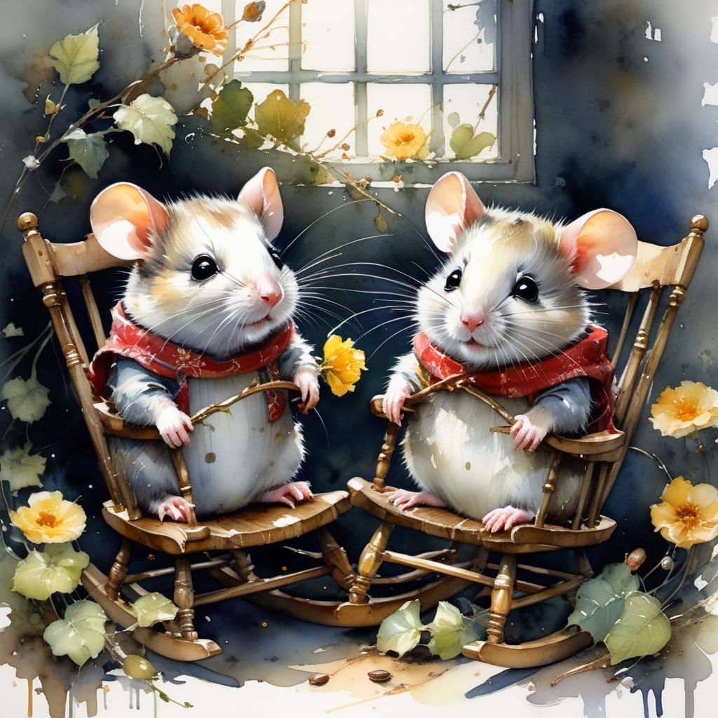 Cute Mice in Cozy Watercolor Cottage Scene