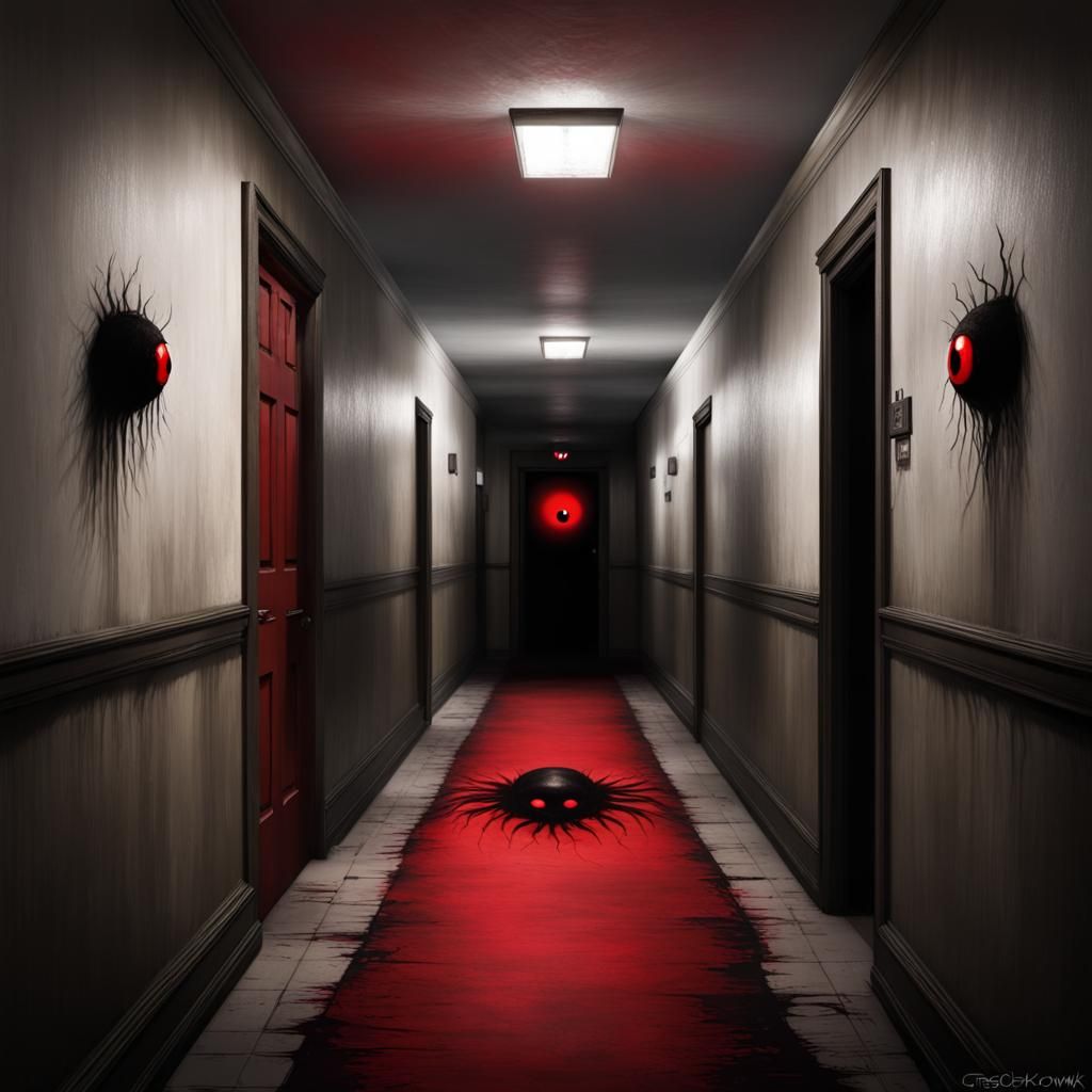 Creepy Hallway with Red Eyes, Sinister Art