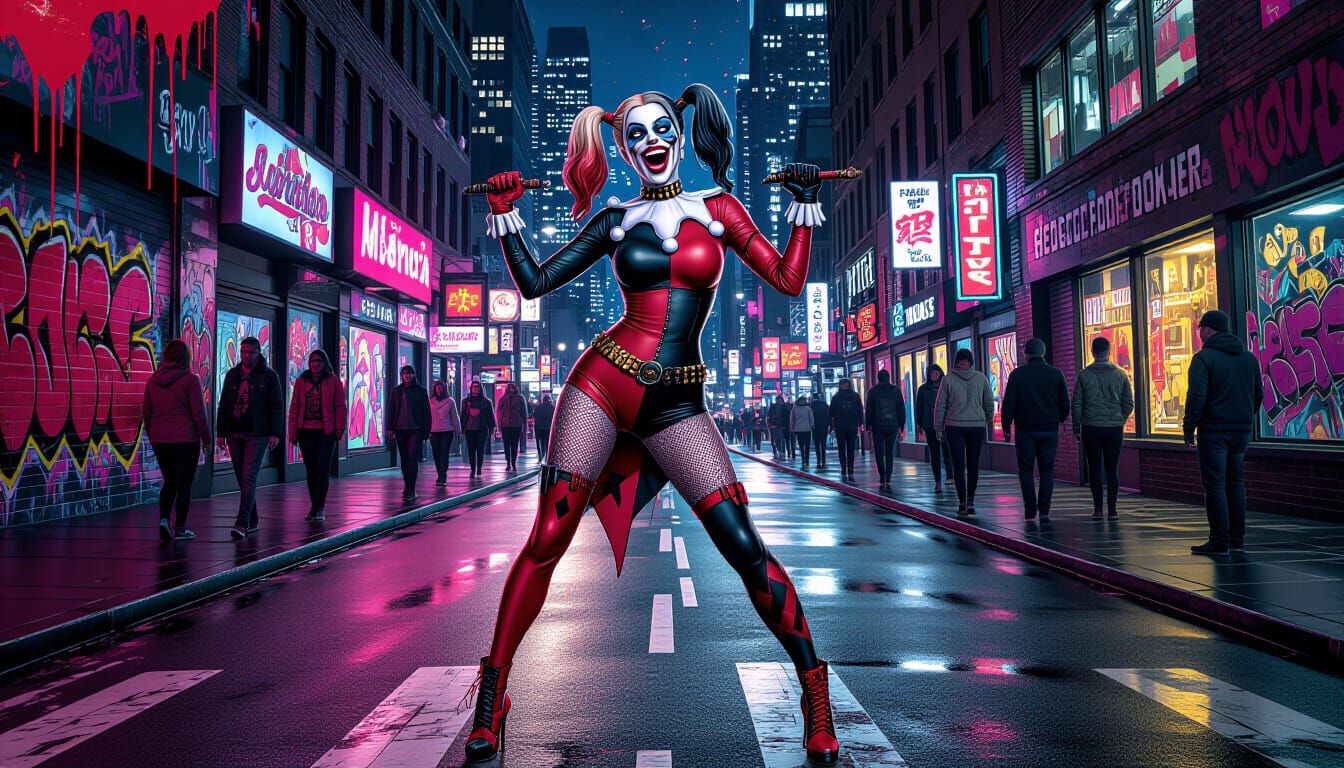Harley Quinn Dancing in City Streets, Comic Art Style