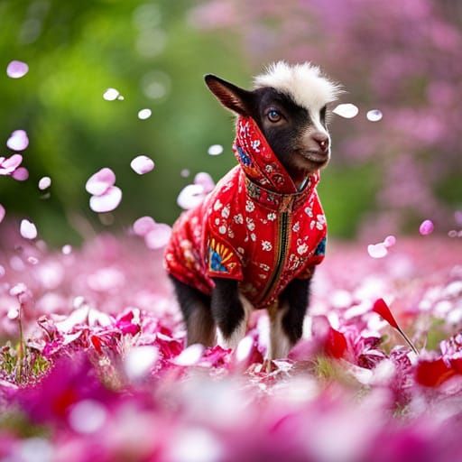 Baby Goats in Pajamas Amidst Floral Blizzard