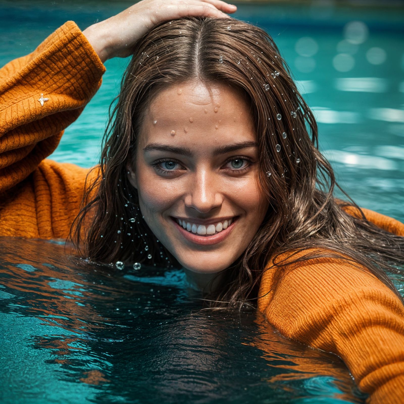 Woman Submerged and Smiling in Outdoor Pool