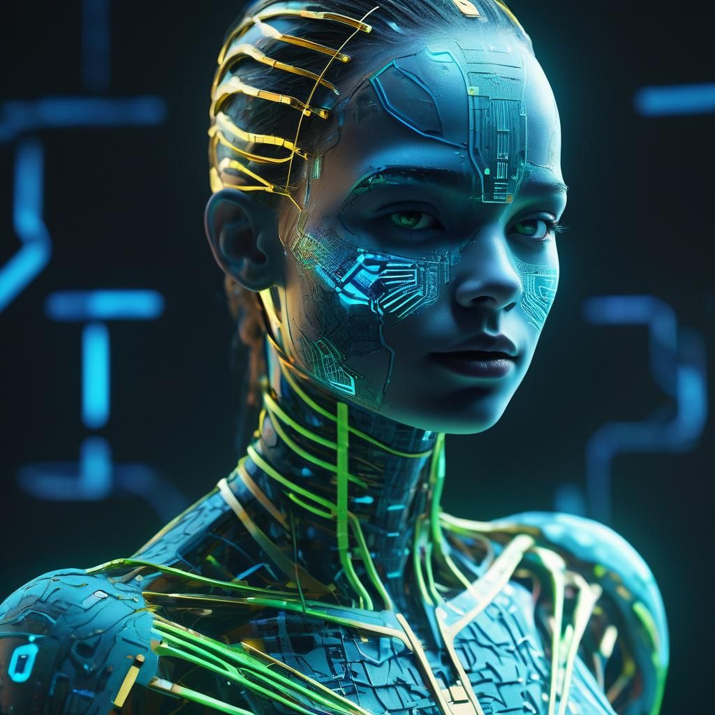 Futuristic Humanoid with Glowing DNA, Bauhaus Digital Art