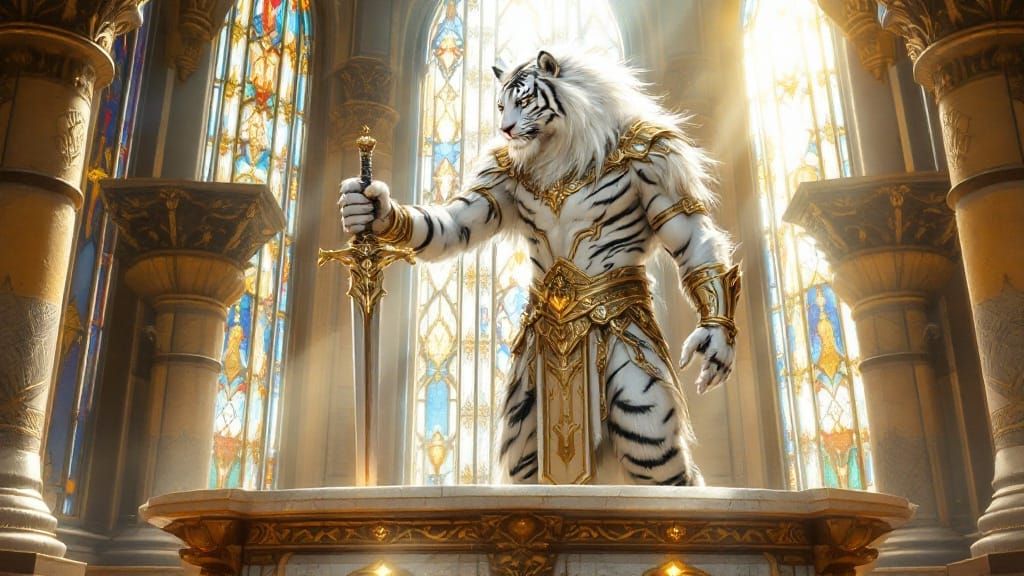Lithe Tiger-Human Paladin in Grand Temple