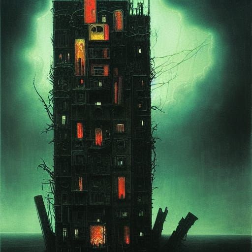 Tower Ruins in a Post-Apocalyptic Thunderstorm