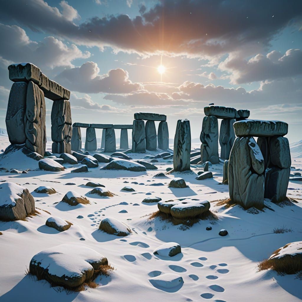 Stonehenge Winter Landscape with Snow Foxes
