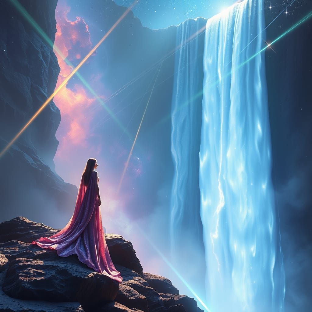 Mystical Waterfall Goddess in Iridescent Gown