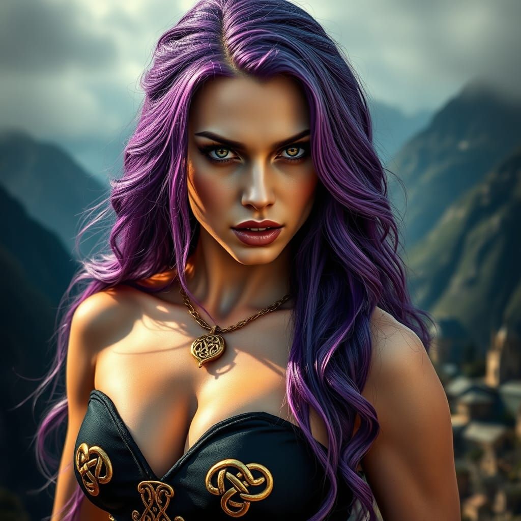 European Vampire Goddess in Vibrant Purple Hair, Celtic Knot...