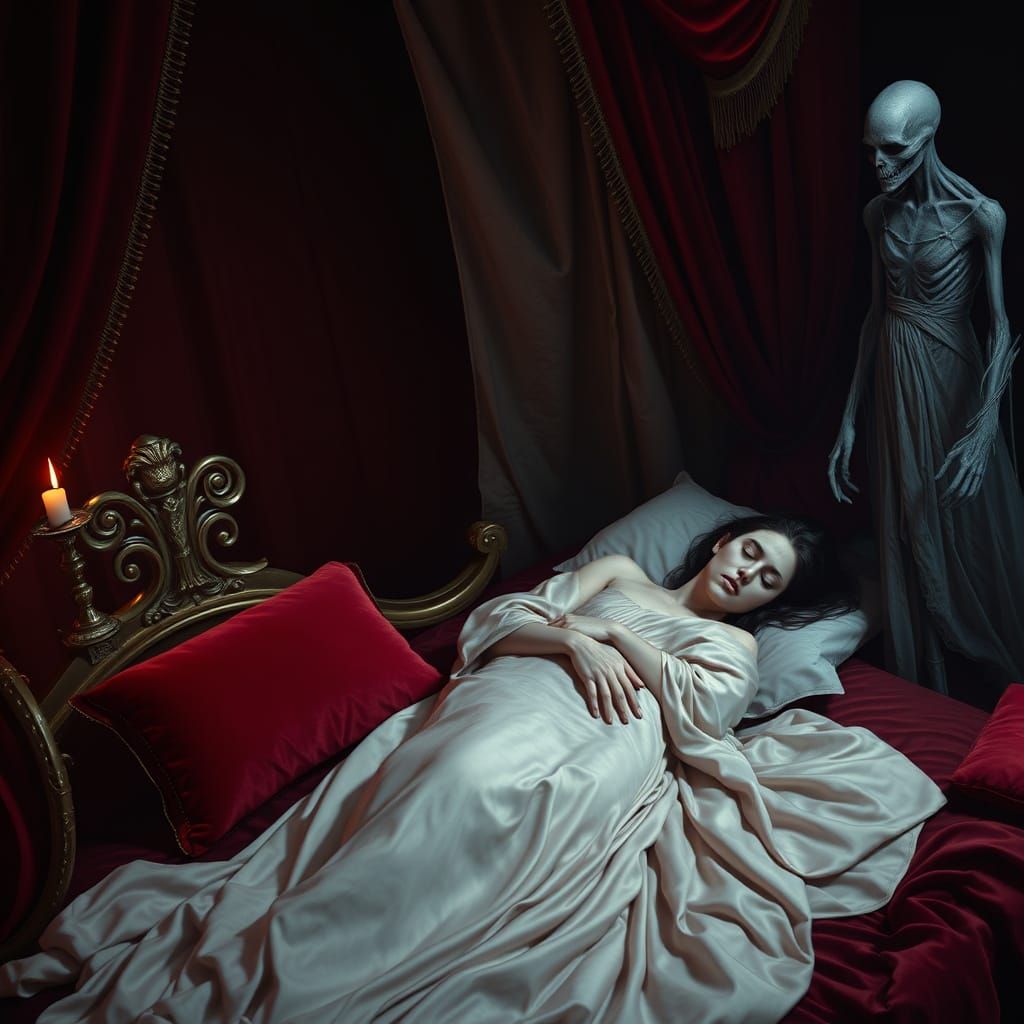 Mysterious Midnight Vigil in a Lavish, Golden Chamber