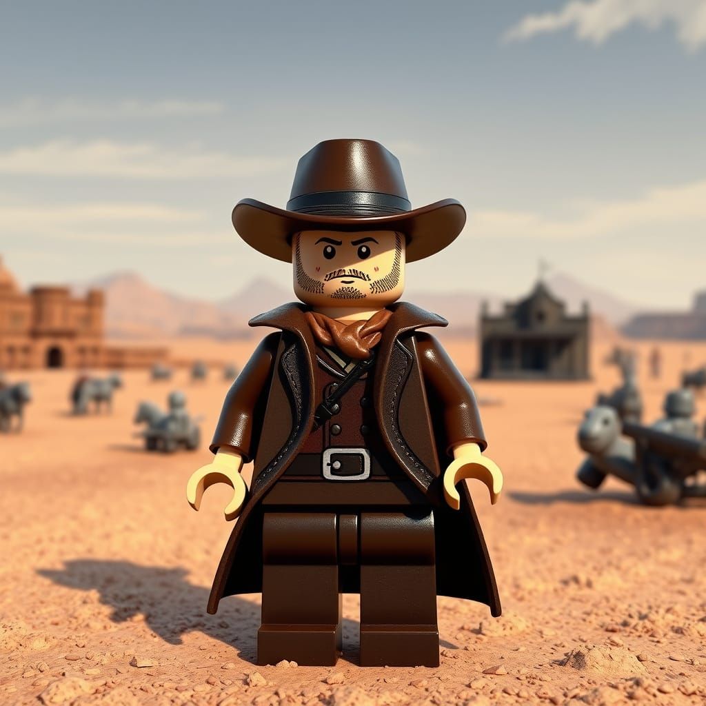 Lego Cowboy in Desert Landscape, Dystopian Art